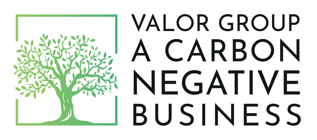 Valor A Carbon Negative Business black and green logo in white background