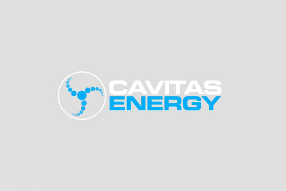 Cavitas Energy blue and white logo in gray background